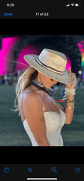 Load image into Gallery viewer, Harper and honey A Cream Styled flat brim hat at Coachella with model wearing cream studded pearl top.
