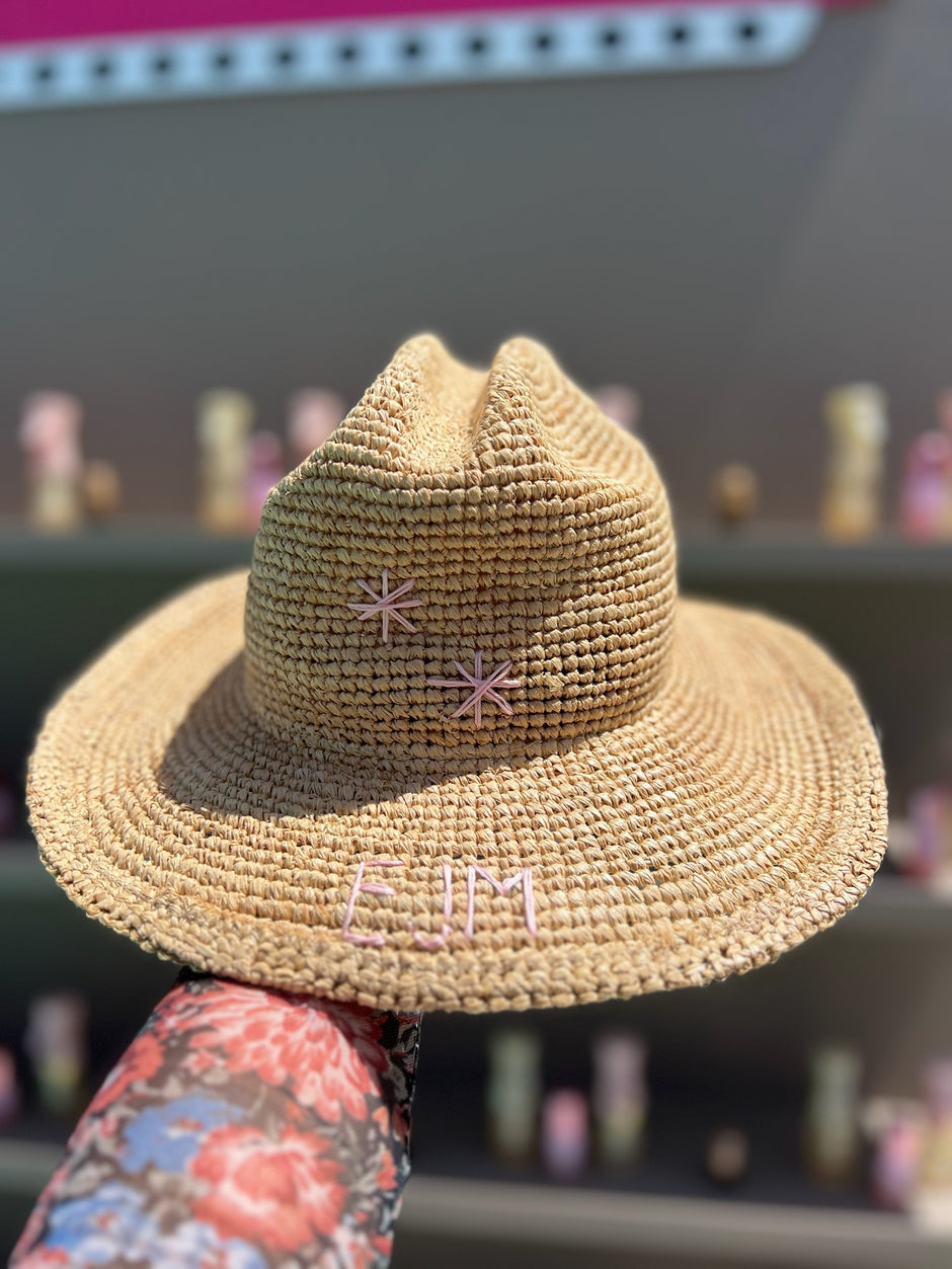 Woven straw hat with floral embroidery on a blurred background